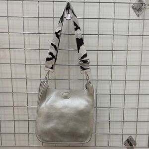 Silver Crossbody Bag with Metallic Camo Patterned Guitar Strap